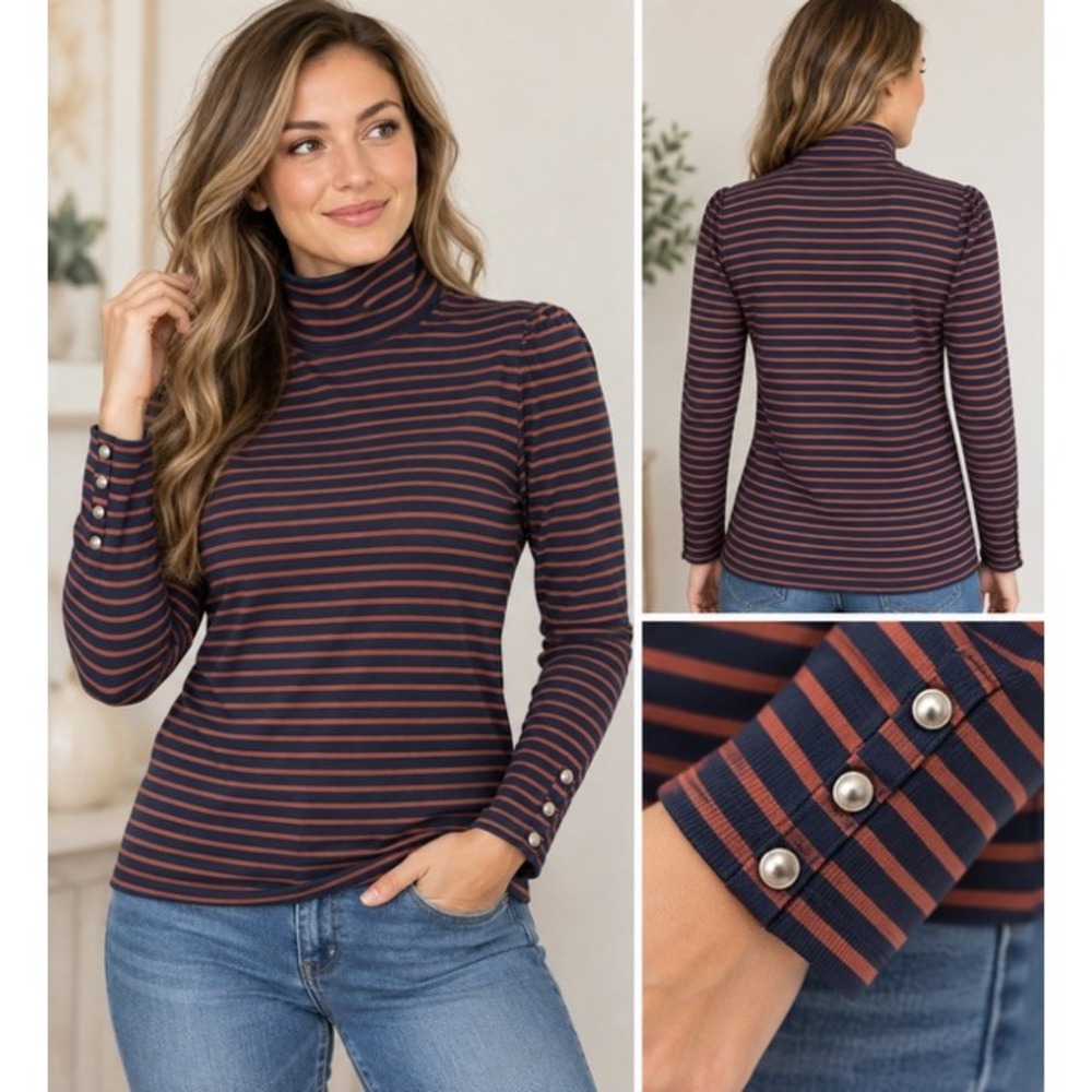 Talbots Navy Blue Orange Striped Ribbed Turtleneck Top Button Cuff Large